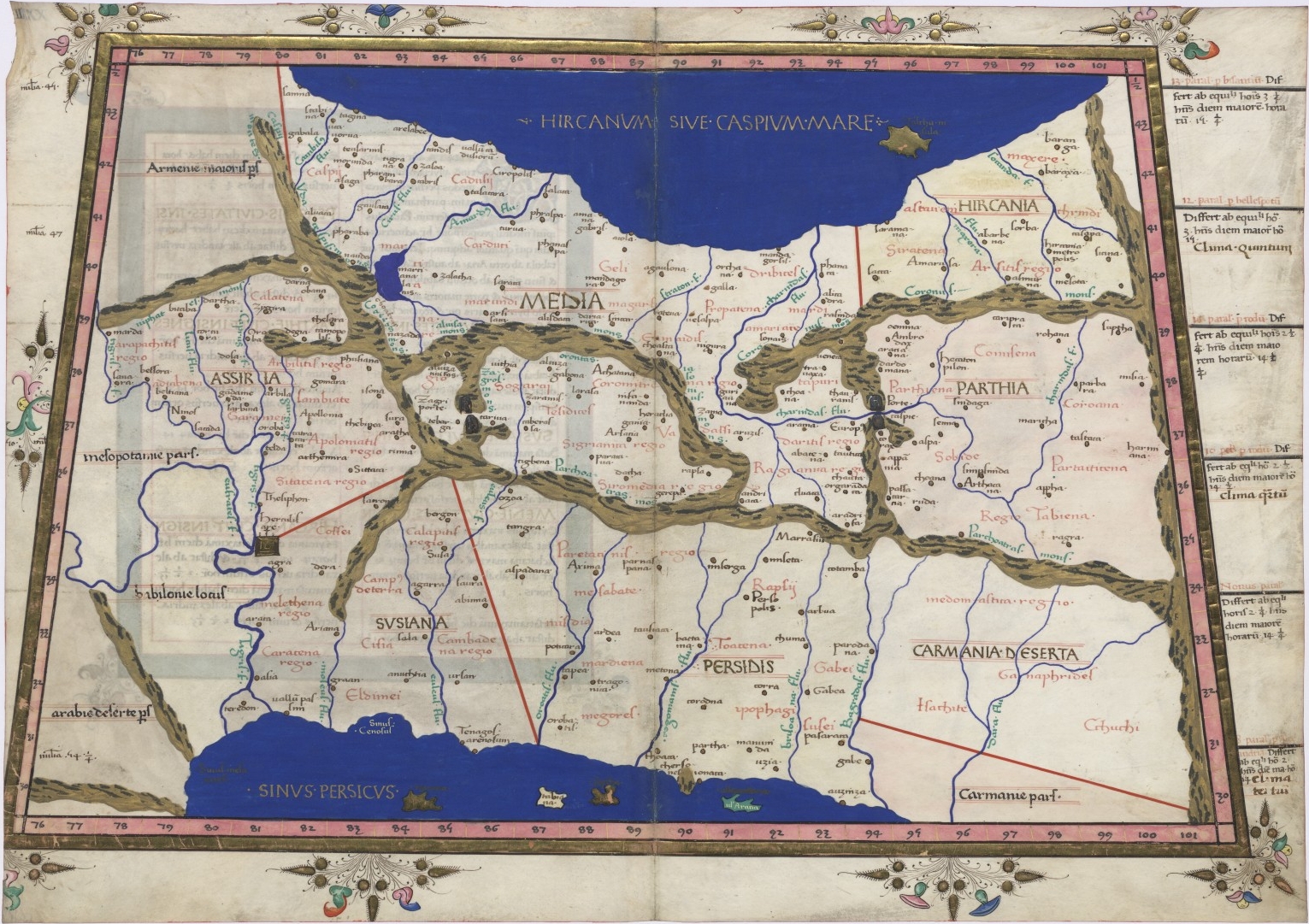 Ptolemaioksen kartografian renessanssiaikaista kuvitusta (1467): Persia ja Meedia.